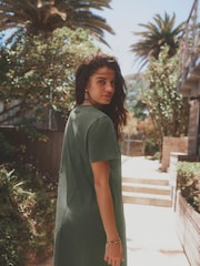 Khaki Green 100% Cotton Crew Neck Short Sleeve T-Shirt Dress - Image 3 of 6