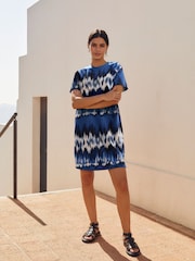Blue Print 100% Cotton Crew Neck Short Sleeve T-Shirt Dress - Image 1 of 6