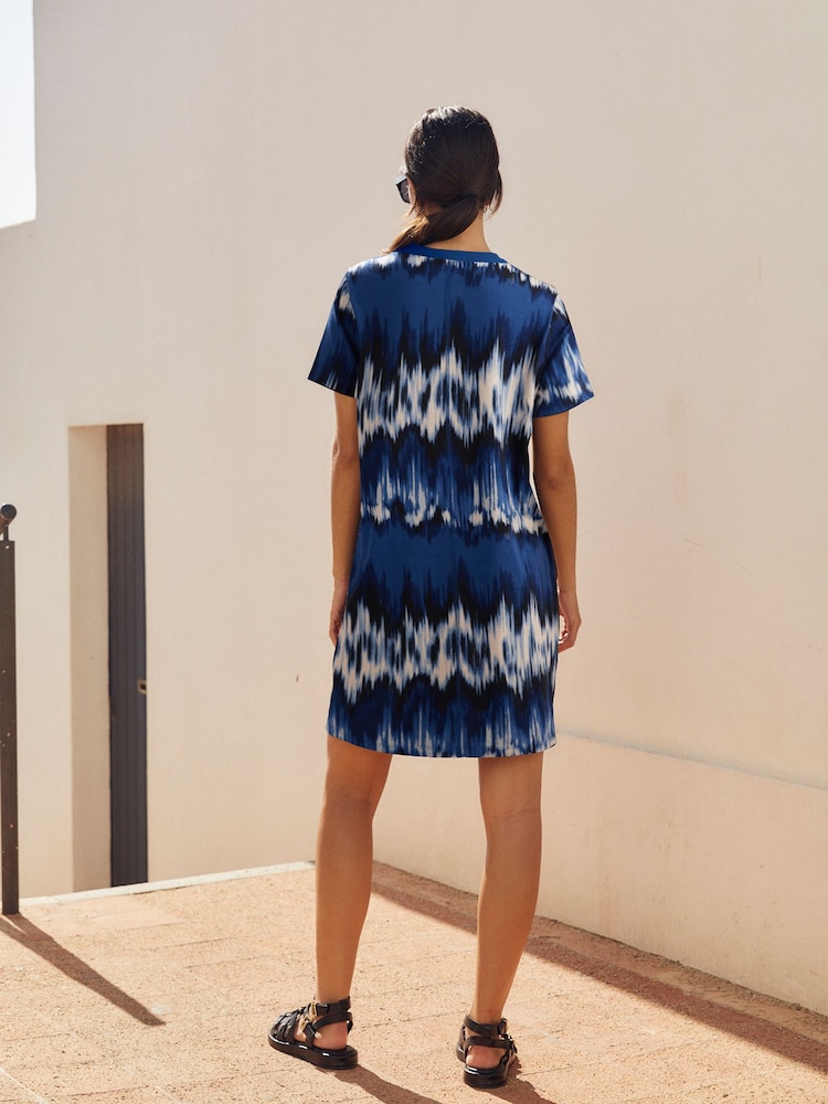 Blue Print 100% Cotton Crew Neck Short Sleeve T-Shirt Dress - Image 2 of 6