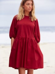 Red Puff Sleeve Mini Jersey Dress - Image 1 of 6