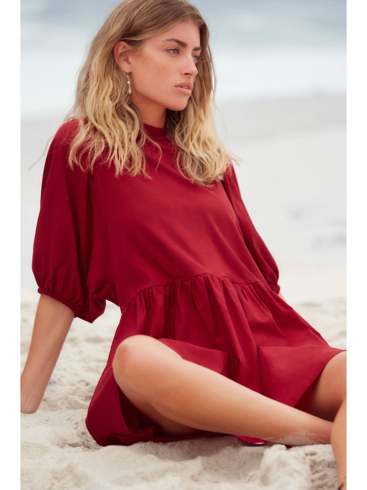 Red Puff Sleeve Mini Jersey Dress - Image 2 of 6