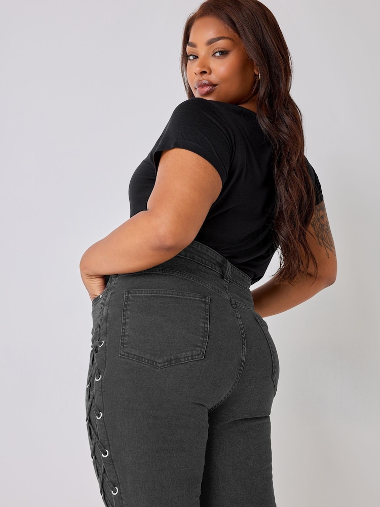Yours Curve Black Side Lace Up AVA Jeans - Image 2 of 5