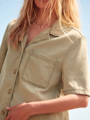 Khaki Green 100% Cotton Canvas Short Sleeve Shirt - Image 5 of 7