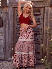 Red Spliced Print Textured Maxi Skirt With Crochet Trim - Image 1 of 7