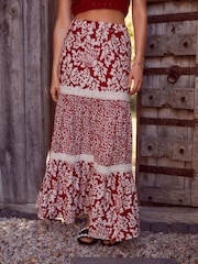Red Spliced Print Textured Maxi Skirt With Crochet Trim - Image 3 of 7