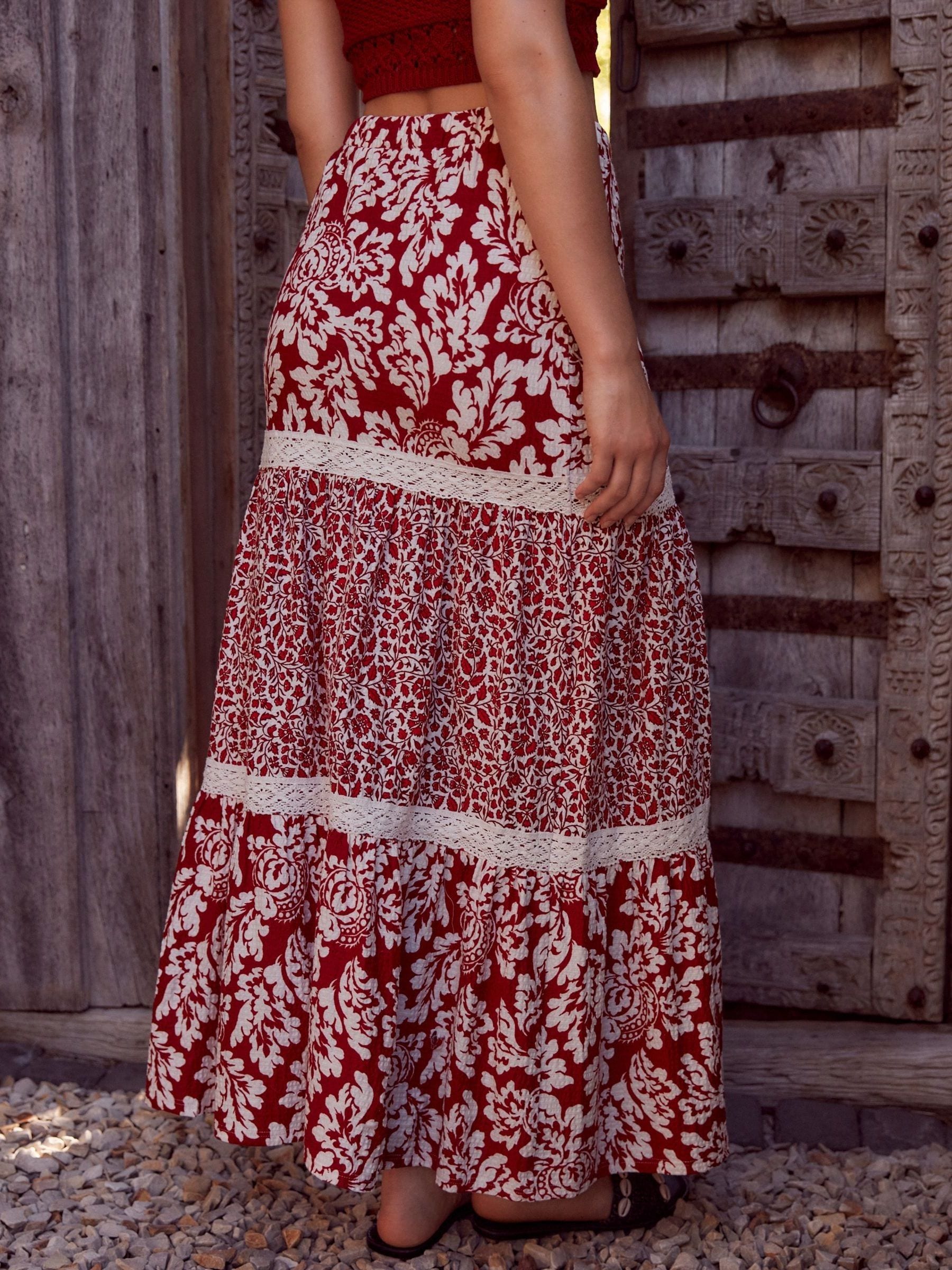 Red boho maxi skirt discount