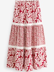 Red Spliced Print Textured Maxi Skirt With Crochet Trim - Image 6 of 7