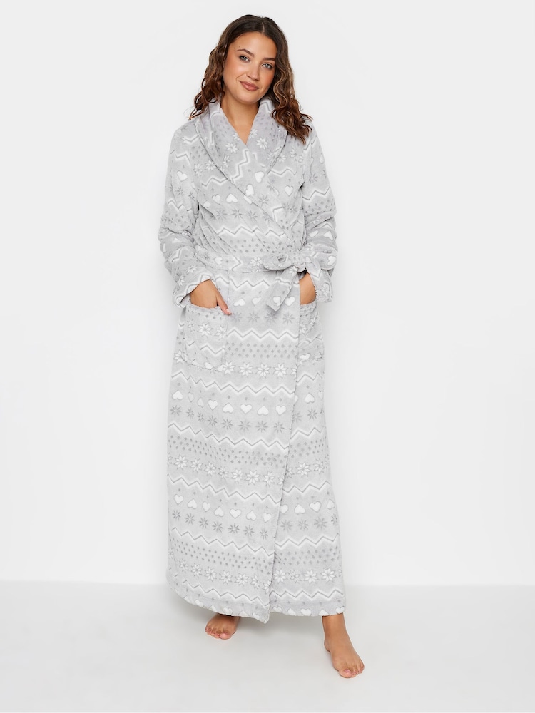 Long Tall Sally Grey Fairisle Pattern Clipped Shawl Collar Robe - Image 1 of 4