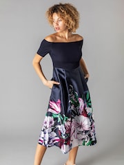 Roman Blue Bardot Floral Fit & Flare Dress - Image 1 of 4