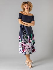 Roman Blue Bardot Floral Fit & Flare Dress - Image 2 of 4