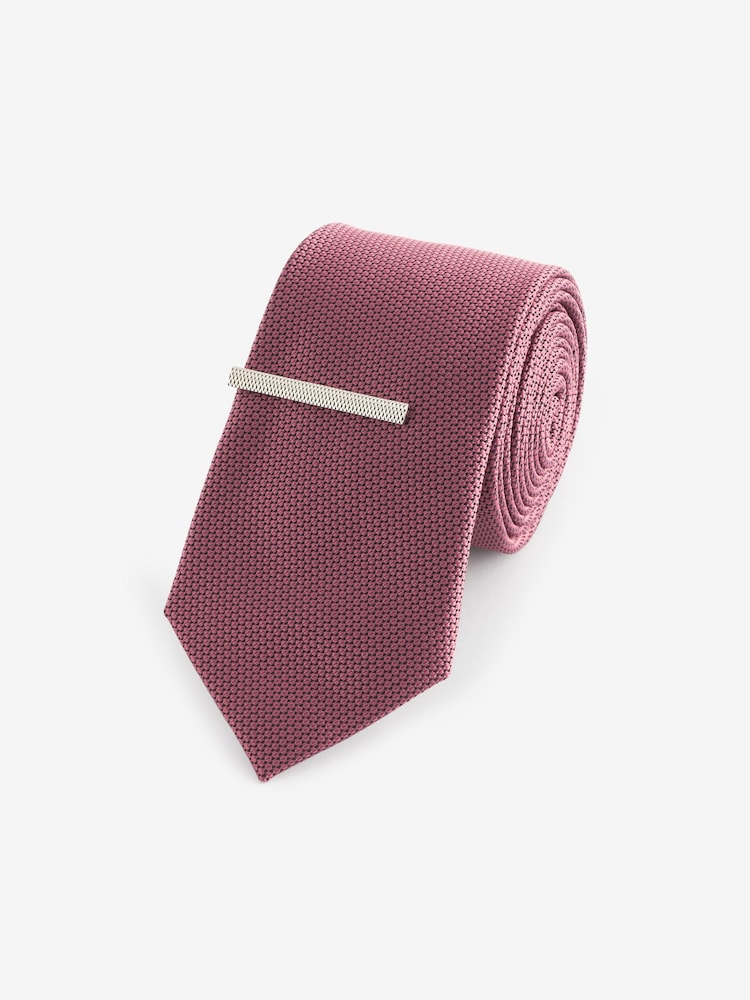 Raspberry Red Textured Tie And Clip Set - Image 1 of 3