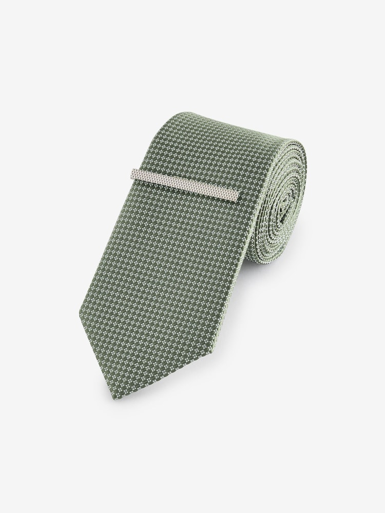 Light Green Textured Tie And Clip Set - Image 1 of 3