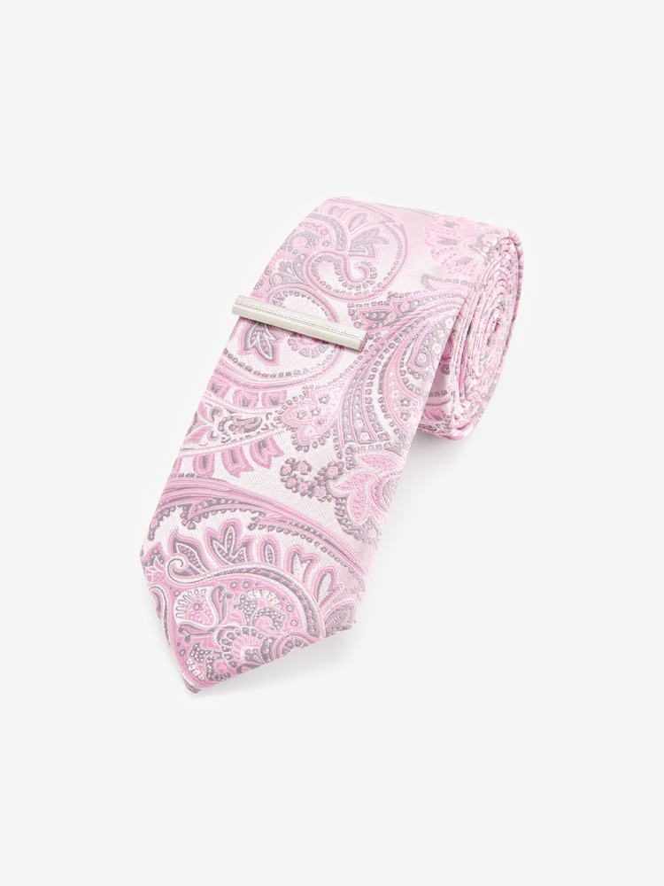 Pink Paisley Slim Pattern Tie And Tie Clip - Image 1 of 3