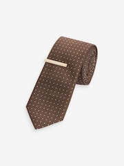 Rust Brown Slim Pattern Tie And Tie Clip - Image 1 of 2