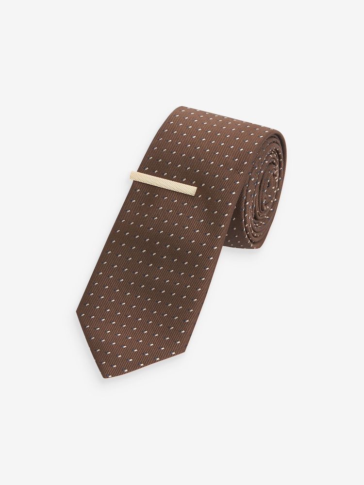 Rust Brown Slim Pattern Tie And Tie Clip - Image 1 of 2