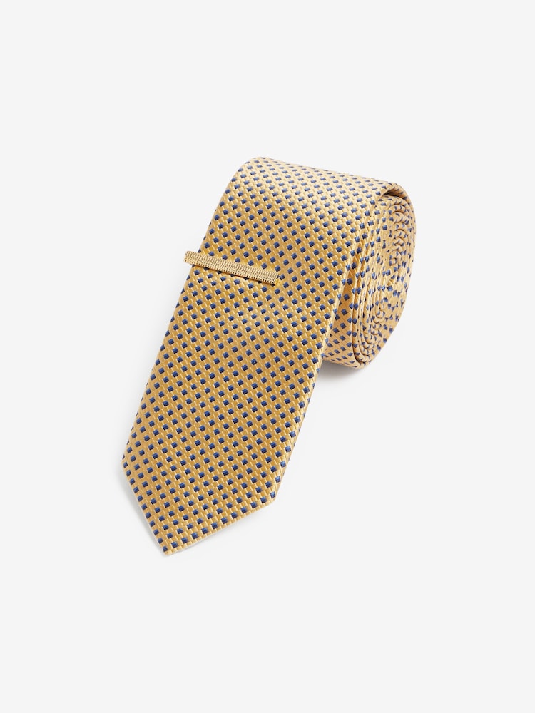 Yellow/Blue Slim Pattern Tie And Tie Clip - Image 1 of 3