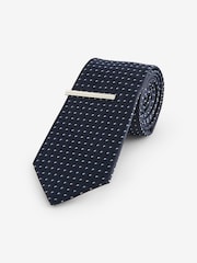 Navy Blue Pattern Tie And Tie Clip - Image 1 of 3