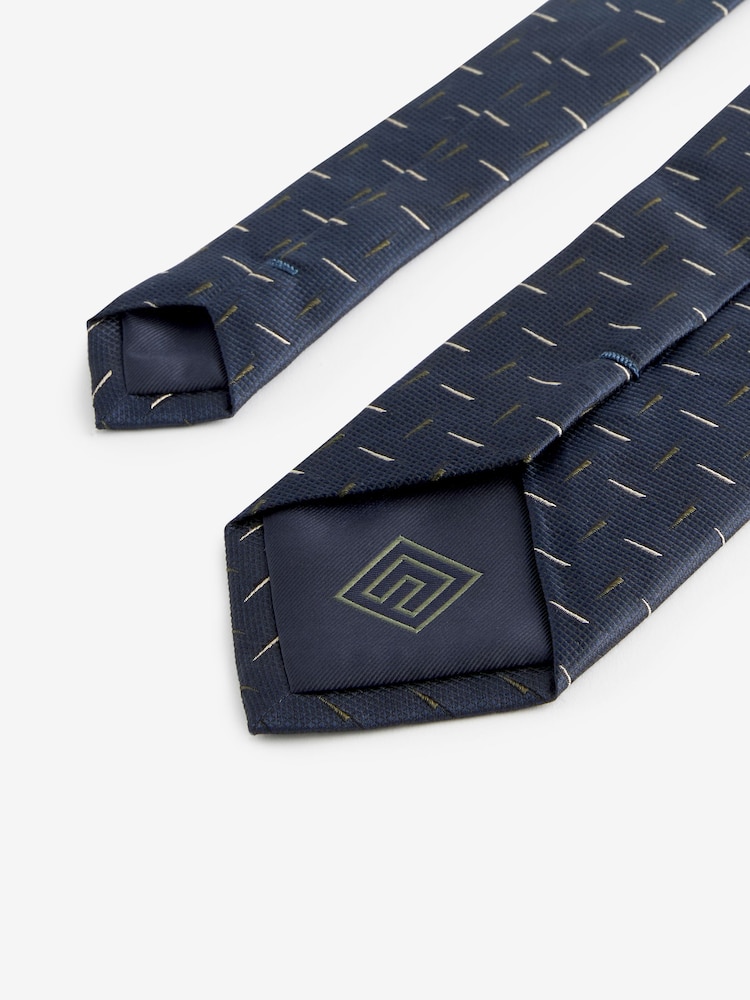 Navy Blue/Olive Green/Neutral Brown Geometric Textured Silk Tie - Image 3 of 3
