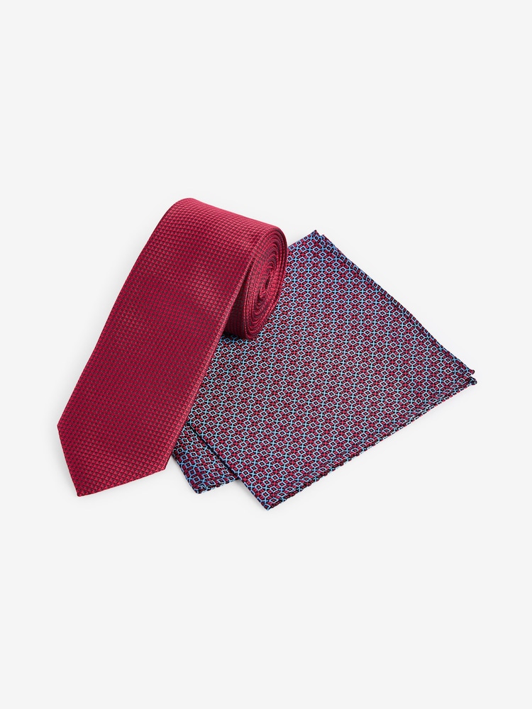 Red Geometric Tie And Pocket Square Set - Image 1 of 4