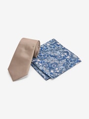 Neutral Brown/Navy Blue Floral Slim Tie And Pocket Square Set - Image 1 of 5