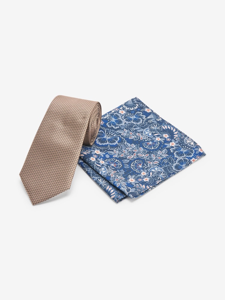 Neutral Brown/Navy Blue Floral Slim Tie And Pocket Square Set - Image 1 of 5