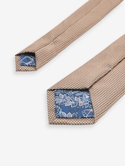 Neutral Brown/Navy Blue Floral Slim Tie And Pocket Square Set - Image 3 of 5