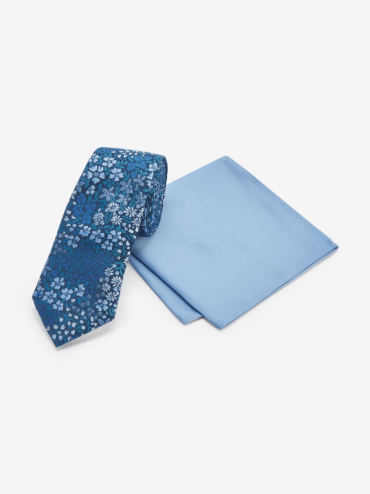 Navy Blue Floral/Light Blue Slim Tie And Pocket Square Set - Image 1 of 5