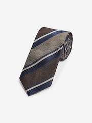 Neutral Brown/Navy Blue Stripe Textured Silk Tie - Image 1 of 3