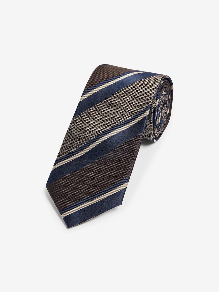 Neutral Brown/Navy Blue Stripe Textured Silk Tie - Image 1 of 3