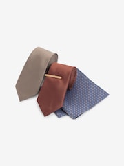 Neutral Brown/Rust Orange 2 Pack Textured Ties And Pocket Sqaure Set - Image 1 of 8