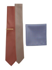 Neutral Brown/Rust Orange 2 Pack Textured Ties And Pocket Sqaure Set - Image 2 of 8