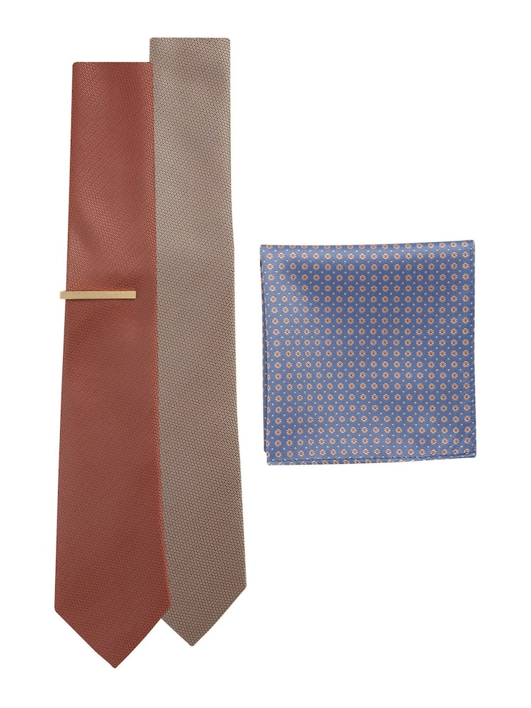 Neutral Brown/Rust Orange 2 Pack Textured Ties And Pocket Sqaure Set - Image 2 of 8