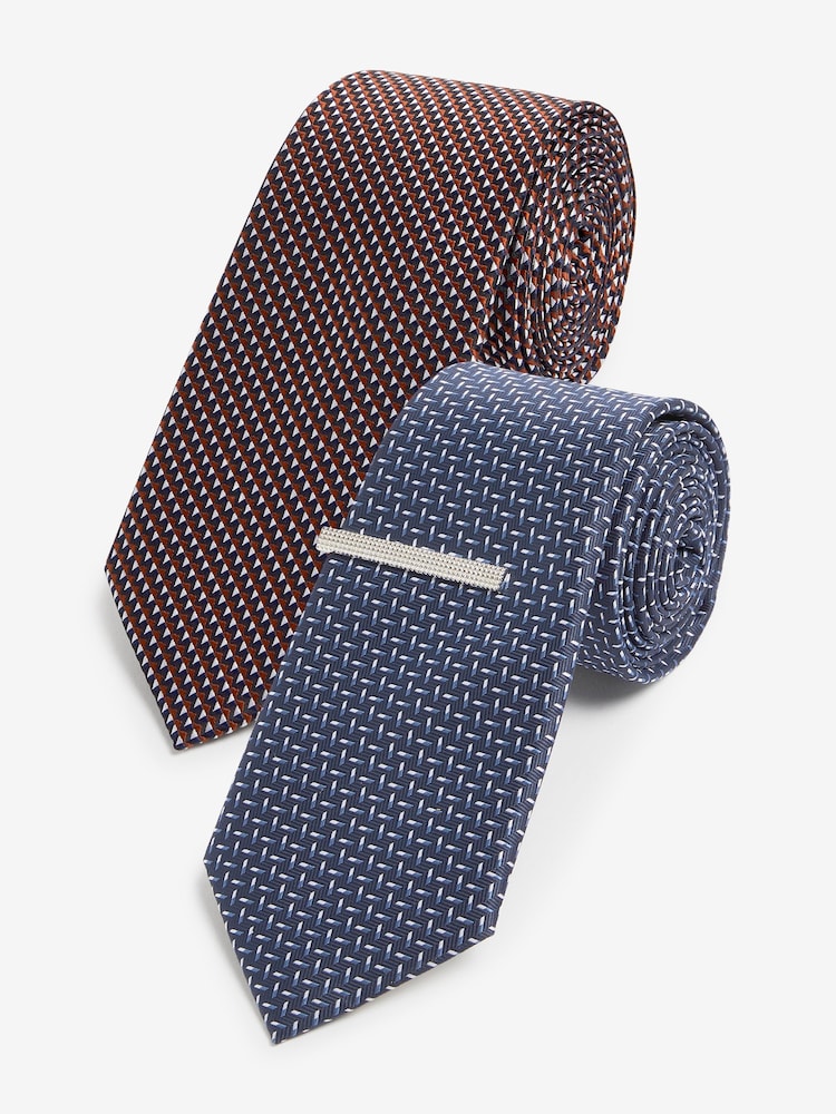 Navy Blue/Rust Brown Textured Tie With Tie Clips 2 Pack - Image 1 of 7 Navy Blue/Rust Brown Textured Tie With Tie Clips 2 Pack - Image 1 of 7