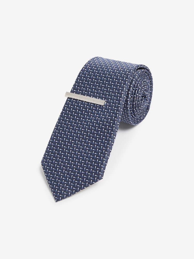 Navy Blue/Rust Brown Textured Tie With Tie Clips 2 Pack - Image 2 of 7 Navy Blue/Rust Brown Textured Tie With Tie Clips 2 Pack - Image 2 of 7
