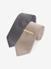 Neutral Brown/Navy Blue Geometric Textured Tie With Tie Clips 2 Pack - Image 1 of 5