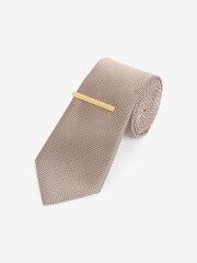 Neutral Brown/Navy Blue Geometric Textured Tie With Tie Clips 2 Pack - Image 2 of 5