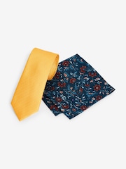Yellow/Navy Blue Floral Tie And Pocket Square Set - Image 1 of 5