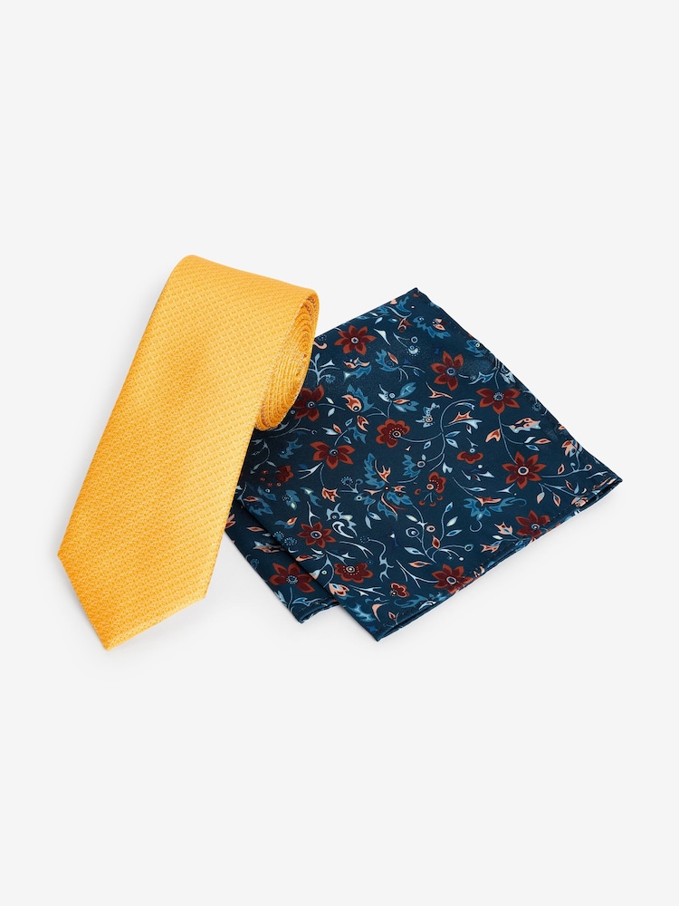 Yellow/Navy Blue Floral Tie And Pocket Square Set - Image 1 of 5
