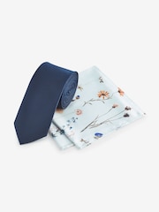 Navy Blue/Light Blue Pressed Flower Slim Tie And Pocket Square Set - Image 1 of 5