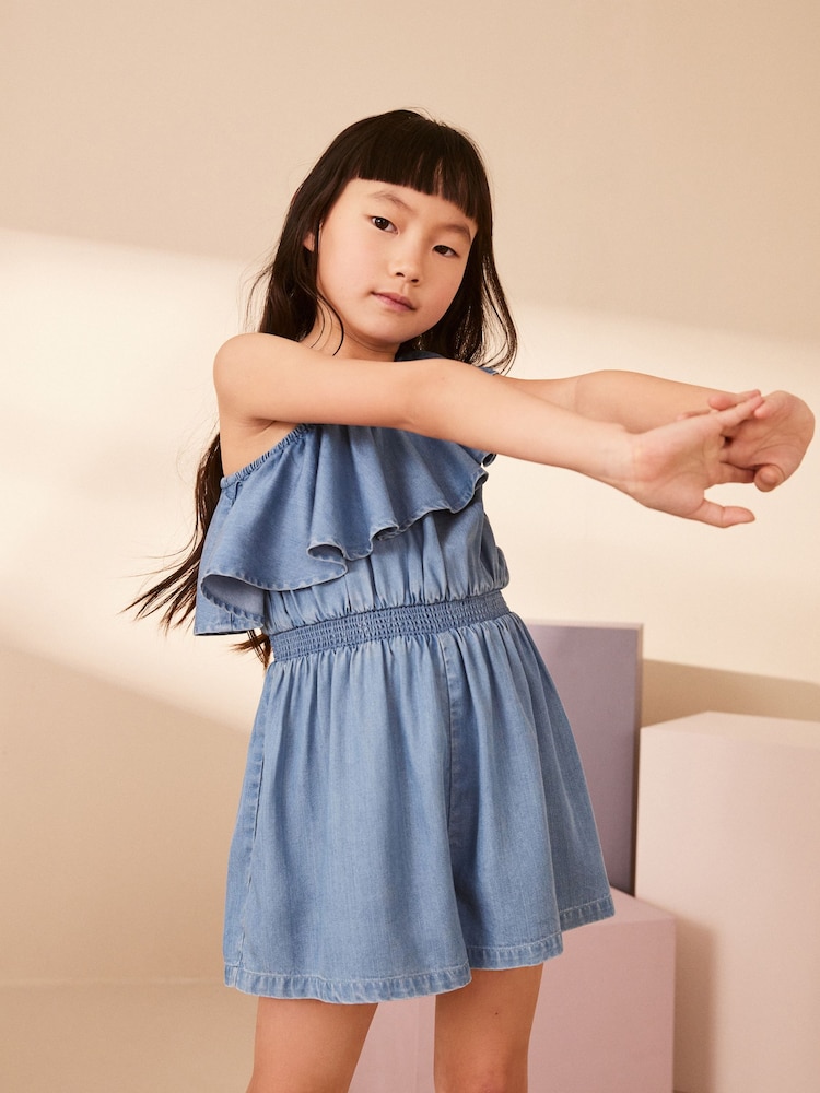 Blue Denim Asymmetric Frill Playsuit (3-16yrs) - Image 1 of 7 Blue Denim Asymmetric Frill Playsuit (3-16yrs) - Image 1 of 7