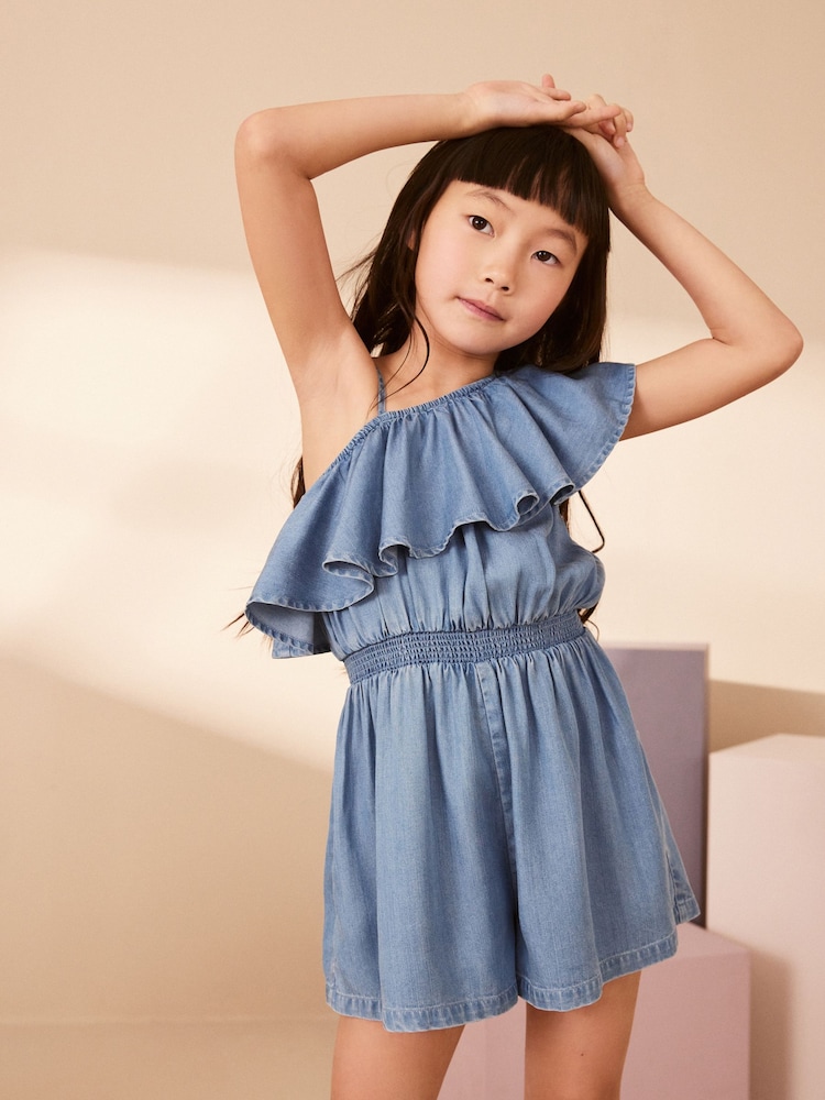 Blue Denim Asymmetric Frill Playsuit (3-16yrs) - Image 2 of 7 Blue Denim Asymmetric Frill Playsuit (3-16yrs) - Image 2 of 7