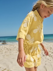 Ochre/Cream Embroidered Co-ord Shirt & Shorts With Linen Set (3-16yrs) - Image 4 of 9