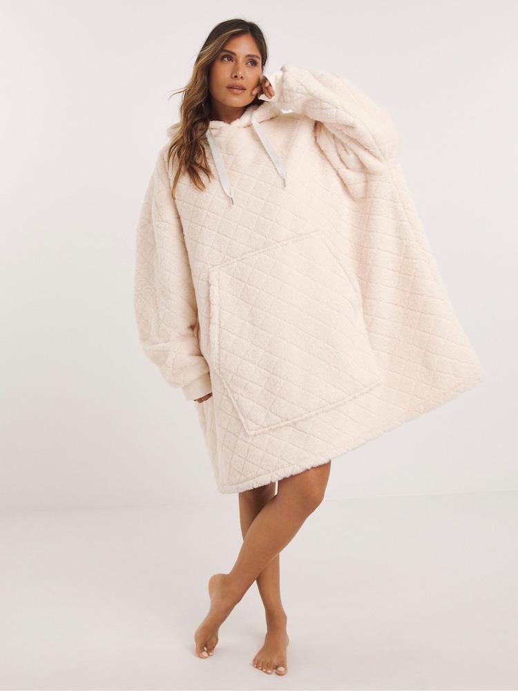 Simply Be Cream Oversized Reversible Fluffy Hooded Dress - Image 1 of 4