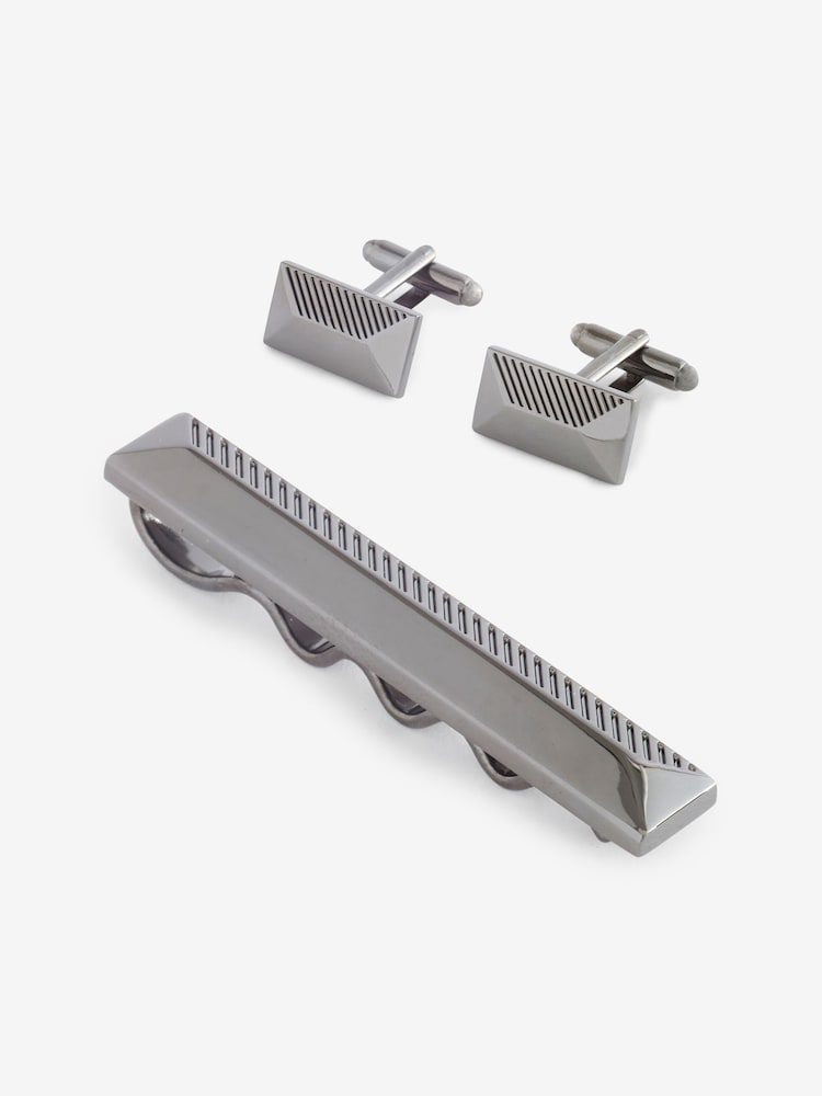 Gun Metal Pyramid Textured Cufflink And Tie Clip Set - Image 1 of 5
