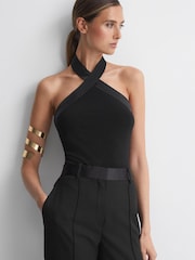 Reiss Black Tessa Satin Halter Neck Top - Image 1 of 5