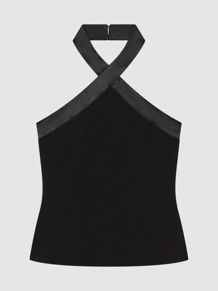 Reiss Black Tessa Satin Halter Neck Top - Image 2 of 5