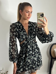 Style Cheat Black Floral Tasha Mini Cut Out Dress - Image 4 of 4