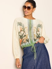 Tropical Print Long Sleeve Trim Blouse - Image 1 of 5