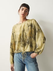 Green Scenic Print Long Sleeve Trim Blouse - Image 1 of 6