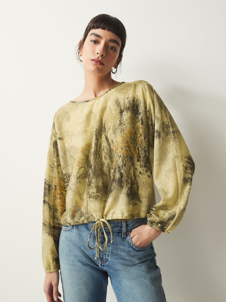 Green Scenic Print Long Sleeve Trim Blouse - Image 1 of 6